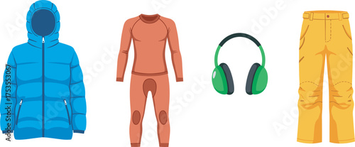 Winter outdoor clothing and equipment including a blue insulated jacket, a brown thermal base layer, green earmuffs, and orange waterproof snow pants.