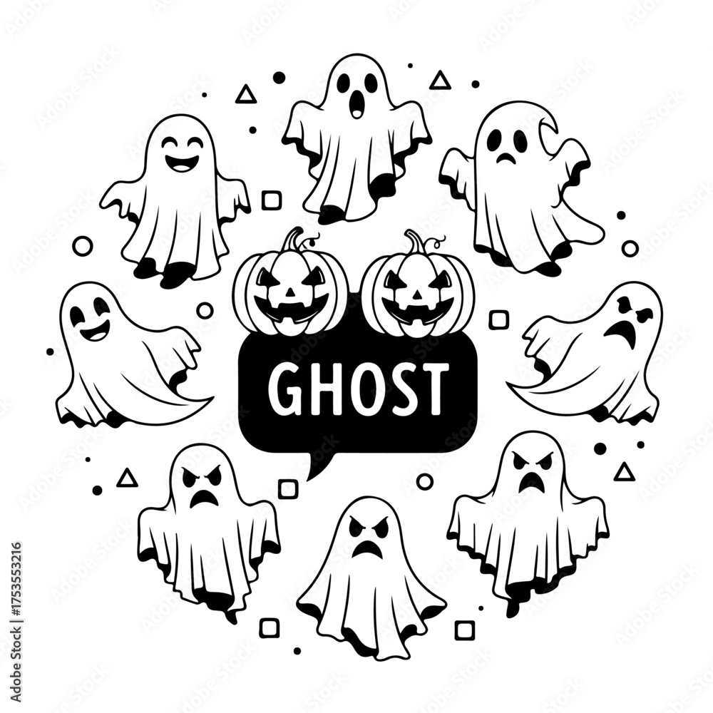 Fototapeta premium Halloween ghost and pumpkin circle isolated on white background