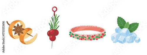Illustration of a cocktail garnish set featuring orange slices with star anise, cranberries on a pick, a sugar-rimmed glass, and mint leaves with ice cubes.