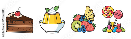 Four colorful dessert illustrations featuring a slice of chocolate cake with a cherry, a bowl of pudding with whipped cream, mixed fruits, and assorted lollipops with gummy bears.