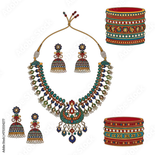Exquisite Indian jewelry set featuring vibrant necklace, earrings, and bangles, perfect for cultural celebrations and stylish ethnic fashion designs