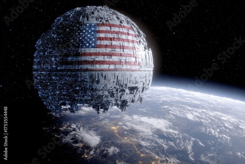 Fototapeta Naklejka Na Ścianę i Meble -  Futuristic Space Station with American Flag Orbiting Earth in Starry Sky.