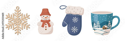 Festive winter items including a wooden snowflake, smiling snowman with a red hat, blue mitten with snowflakes, and a winter-themed mug with snow and a cabin.