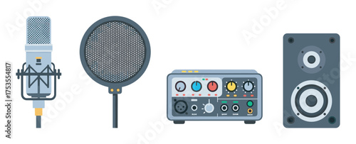 Audio recording equipment set featuring a microphone, pop filter, audio interface, and speaker, illustrating essential tools for studio sound production.