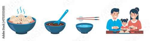 Illustrated family enjoying a meal together with bowls of steaming dumplings, sauce, and two pairs of chopsticks on a table.