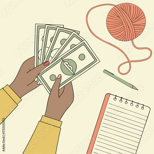 African woman counts money with yarn, pen, and notebook present on light background