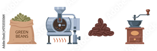 Illustration of a coffee production process with a bag of green beans, a roasting machine, coffee beans, and a manual grinder.