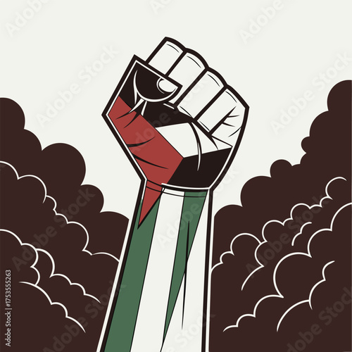 Raised fist displaying flag stands amid smoke, showing a powerful symbol of resistance