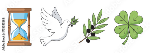 A wooden hourglass with blue and yellow sand, a white dove holding an olive branch, a sprig of olives, and a green four-leaf clover symbol.