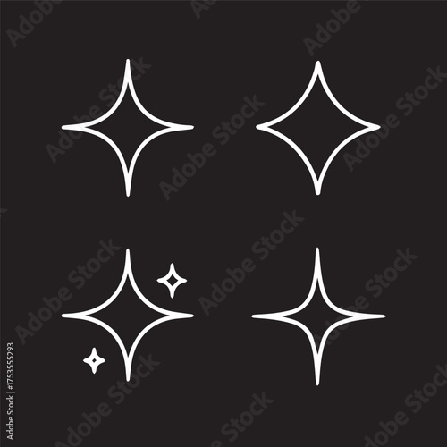 Isolated sparkle icons, black glowing vector, minimal star symbol, clean modern shine icon set, bright twinkle silhouette, luxury sparkle effect, simple glowing decoration vector