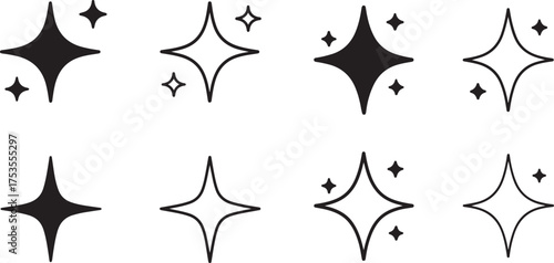 Isolated sparkle icons, black shining star symbol, glowing sparkle vector, minimal light burst design, bright decorative icon set, modern clean glowing element, luxury shine illustration