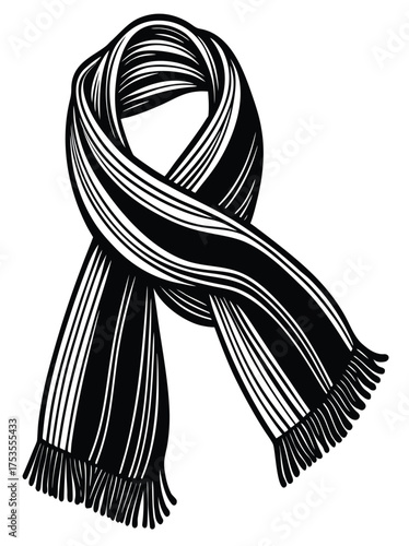 Black and white striped wool scarf tied in an elegant knot, a fashion accessory isolated on white