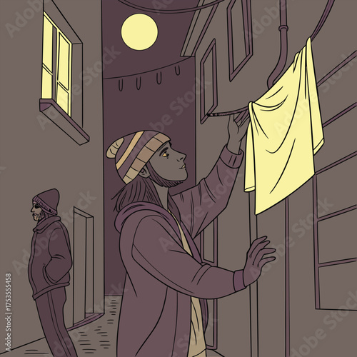 Young African woman hangs a cloth in the alley under a bright moon, transparent