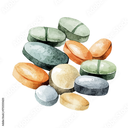 Pills, watercolor clipart vector, isolated on a white background.