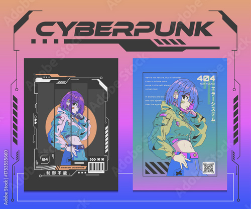 cyberpunk poster set featuring futuristic girl characters with neon color palette, glitch texture, and sci-fi typography style, vector illustration