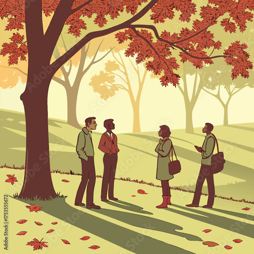 Under vibrant autumn foliage, diverse young adults in a park engage in conversation