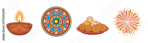 Traditional diwali elements include a lit clay diya, a colorful rangoli, a variety of indian sweets on a plate, and a vibrant display of fireworks.