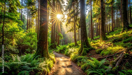 A sunlit path winds through a dense forest. Sunlight streams through trees, illuminating foliage and creating a sense of wonder