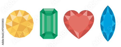 Four colorful gemstones in distinct shapes: an oval yellow, a rectangular green, a heart-shaped red, and a marquise blue gem, showcasing vibrant colors and geometric facets.