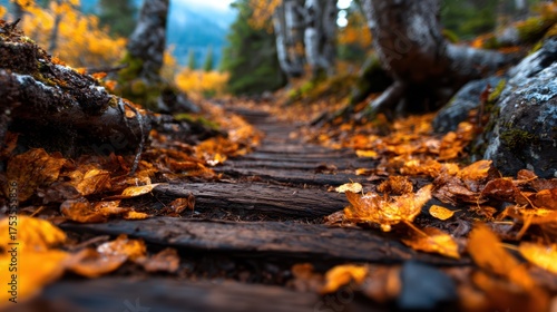 A serene woodland path blanketed in golden autumn leaves invites peaceful strolls through nature, embodying the beauty and calmness of the fall season's transition.