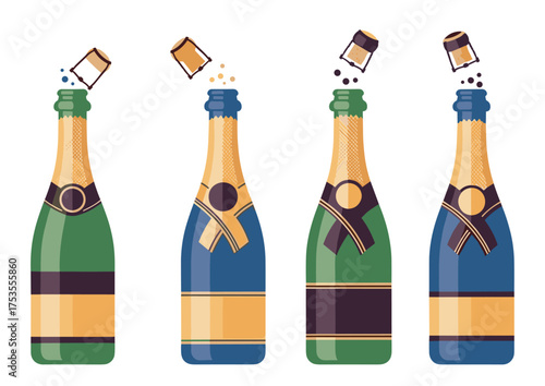 Four illustrated champagne bottles with corks popping off, displaying variations in label designs and colors.