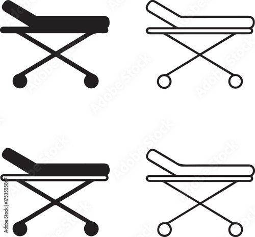 Isolated medical stretcher icons, black hospital emergency bed symbol, healthcare equipment vector, minimal thin stroke medical transport design, patient care icon set, rescue service