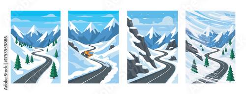 Four sequential panels depict a winding mountain road with varying weather conditions, showcasing clear skies, snow, and snowfall.