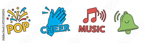 Colorful graphic icons featuring a pop explosion, clapping hands, musical note, and ringing bell, symbolizing excitement and celebration.