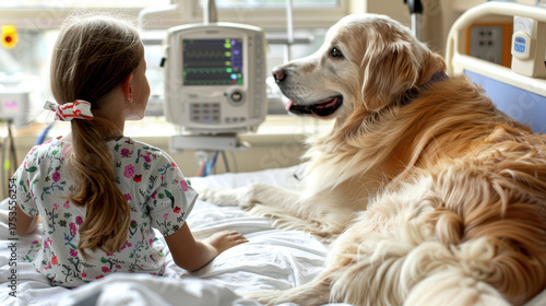 Young girl with golden retriever dog in hospital room providing comfort
