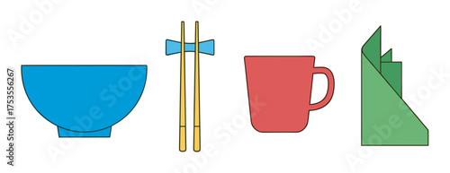Colorful minimalist illustration of a blue bowl, yellow chopsticks with a stand, a red mug, and a green folded napkin arranged in a row.