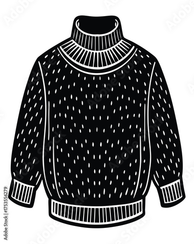 Timeless black and white vector illustration of a classic knitted mock neck sweater, embodying cozy winter fashion and essential cold-weather apparel design for warmth and style
