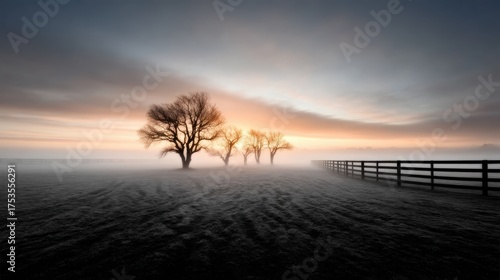 Silhouetted trees stand in a damp field at sunrise, framed by mysterious fog that enhances the serenity and beauty of early morning light, inviting reflection and peace.