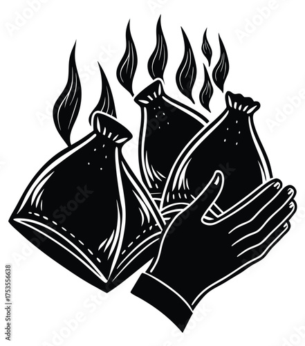 Incineration and Disposal Vector Illustration of Burning Waste Bags with a Symbolic Hand