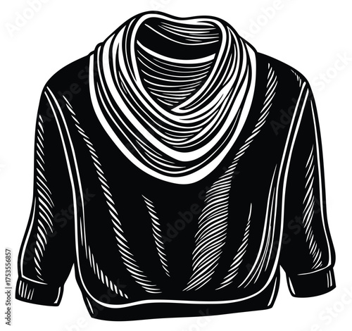 Elegant graphic illustration of a comfortable cowl neck sweater with a graceful, loose drape, perfect for fashion and lifestyle concepts, isolated on white