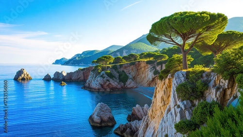 Scenic Mediterranean Coastline with Pine Tree and Blue Sea.