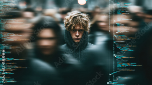 Fototapeta Naklejka Na Ścianę i Meble -  A serious young man in a hoodie stands focused amid a blurred urban crowd. Glowing digital code overlays symbolize modern technology and identity.