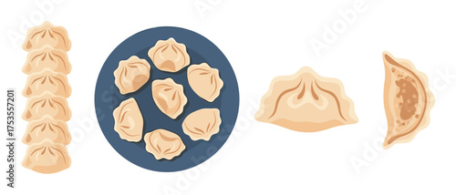 Assorted dumplings displayed on a plate, with individual dumpling close-ups showing intricate folded designs and fillings.