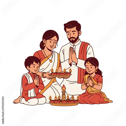 Warm family celebrates Diwali with glowing diyas and prayers for prosperity and joy, a beautiful cultural scene of love and light during the festival