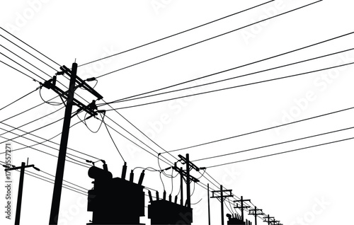Electricity transmission towers with high voltage power lines on hills, industrial energy infrastructure, electric grid network, black and white illustration landscape design