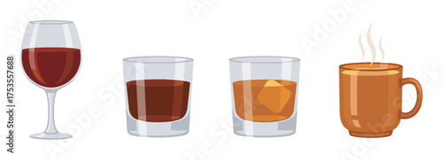 A selection of drinks including a glass of red wine, two different types of whiskey in rocks glasses, and a steaming mug of hot beverage.