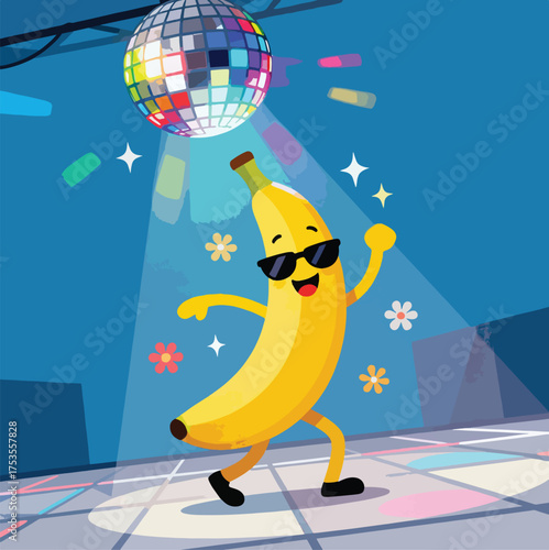 Dancing banana character under disco ball, funny party vector illustration