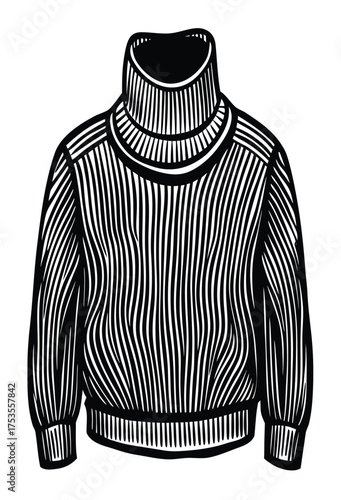 Classic graphic illustration of a warm turtleneck sweater, featuring a high fold-over collar and ribbed texture, ideal for winter fashion and apparel design