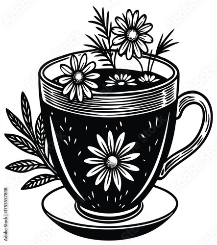 A Cup of Chamomile Tea Floral Serenity in Every Sip, Soothing Herbal Infusion, and Delicate Daisy Accents