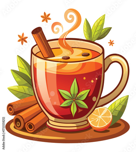 Cozy winter beverage in a clear glass mug, infused with warm spices like cinnamon and star anise, garnished with a slice of orange, perfect for a comforting and festive seasonal drink