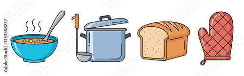 Colorful vector icons of a steaming bowl of soup, a cooking pot with a ladle, a loaf of bread, and a quilted oven mitt.