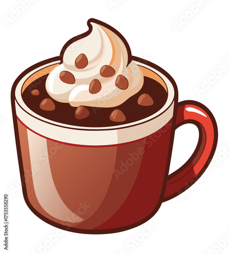 A delightful illustration of a rich, dark hot chocolate topped with a swirl of whipped cream and chocolate chips, perfect for a cozy winter day and a sweet treat