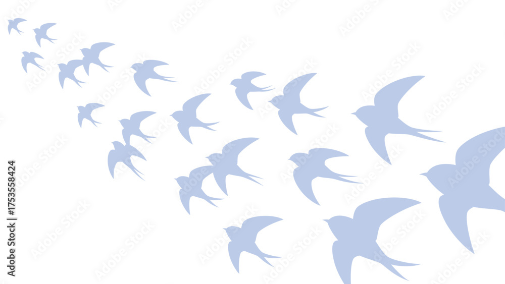 Fototapeta premium ツバメが飛んでいる群れのシルエットの背景イラスト_16:9