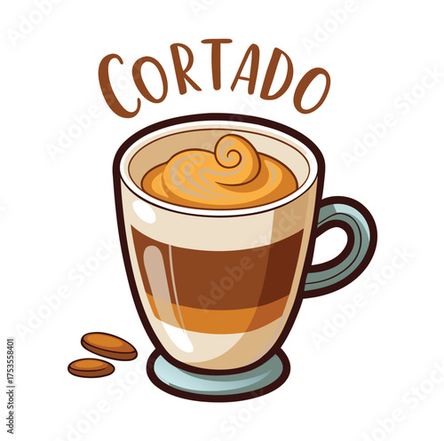 Delicious hand-drawn illustration of a Cortado coffee drink with layered ingredients and a foamy top, showcasing a warm and inviting beverage for coffee enthusiasts and cafe menus