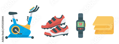 Colorful exercise bike, red sports shoes, smartwatch displaying heart rate, and yellow towels in a row, representing fitness and workout essentials.