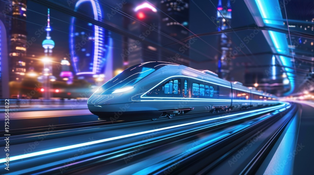 Fototapeta premium Futuristic High-Speed Train in Neon-Lit Cityscape at Night